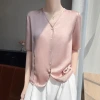 French acetate satin shirt women's summer solid color loose short top, high-end V-neck straight shoulder mulberry silk T-shirt details Picture